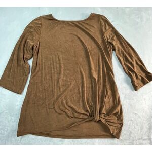 CHICO'S Travelers Size 2 (Womens Large / 12-14) Shirt Brown Knotted Hem Detail